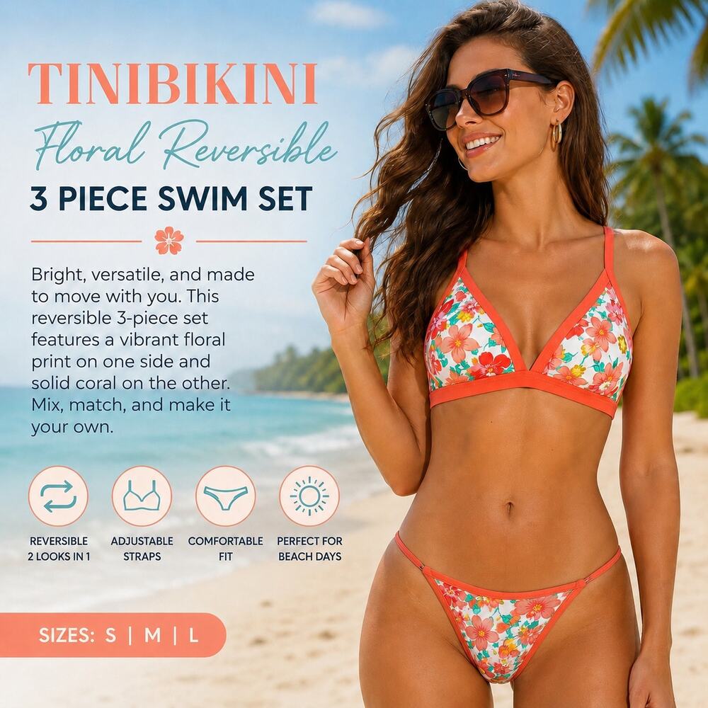 TINIBIKINI Floral Reversible 3-Piece Swim Set Size Small Coral Pink NWT